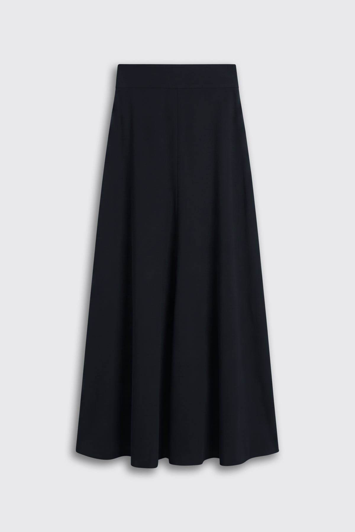 Aide - Black solid A-line midi skirt with a high waistband.