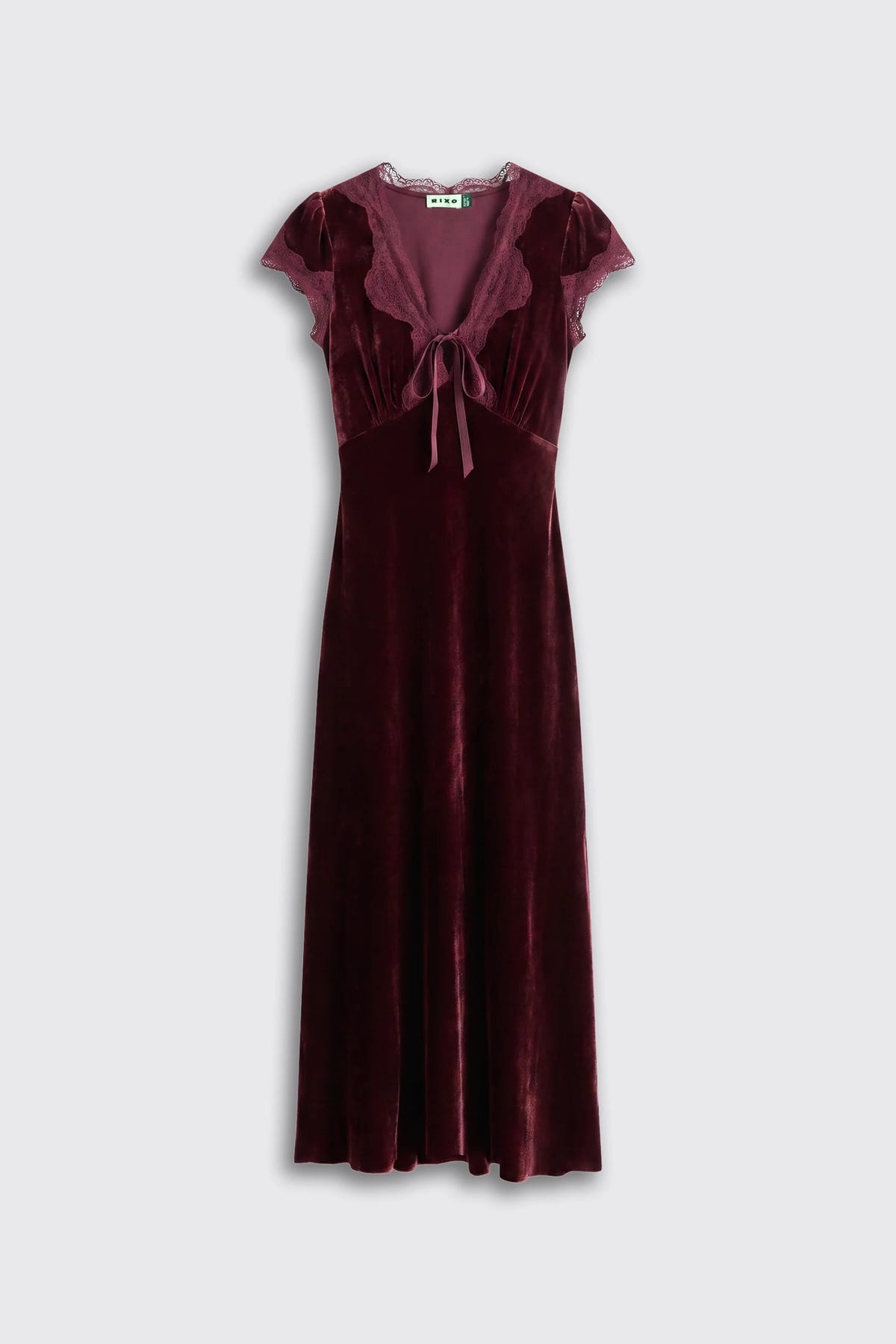 Amari - Bordeaux dark red velvet midi dress featuring short cap sleeves, a V-neckline, and lace trim detail.