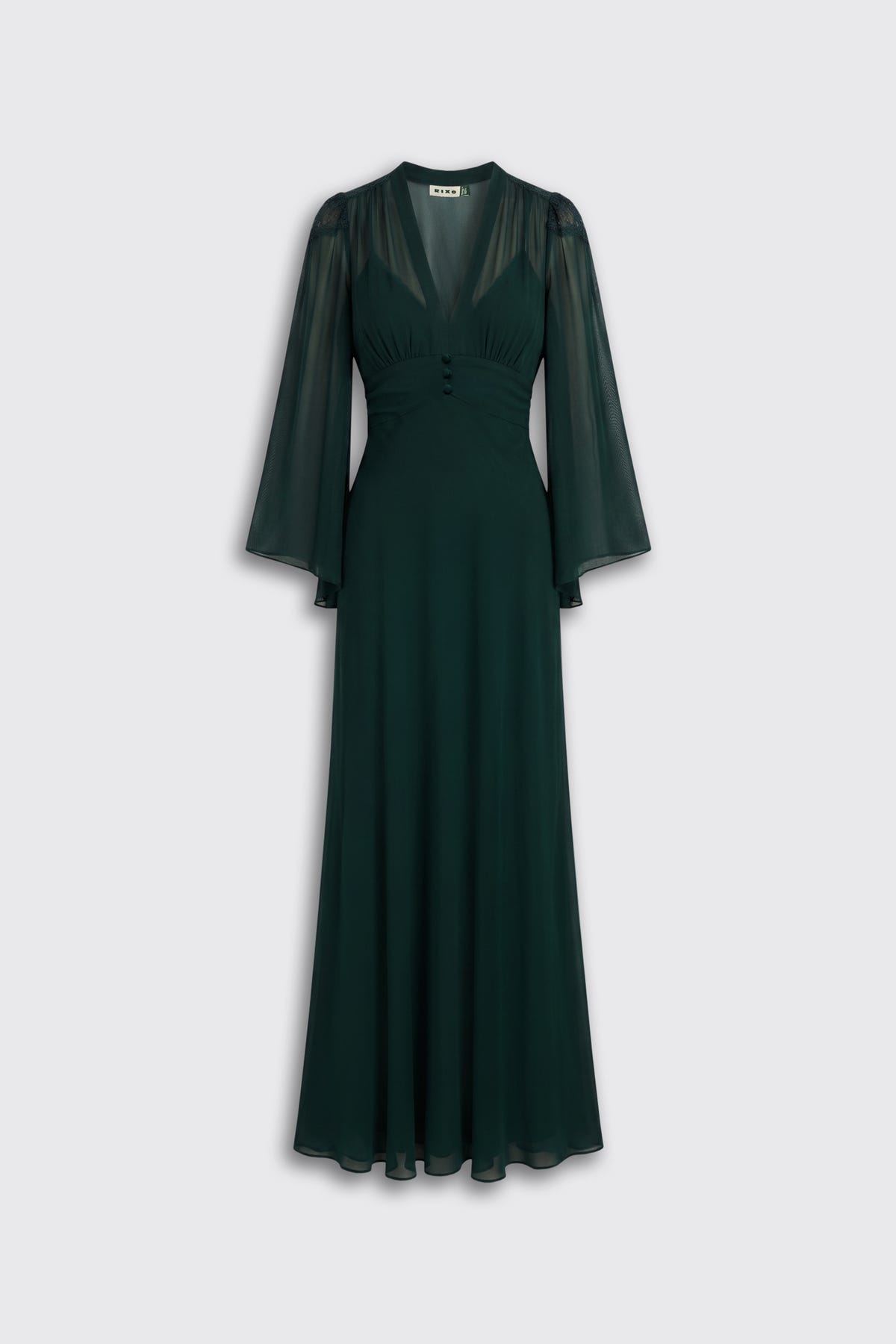 Biba - Dark Green maxi dress with a V-neck, sheer long flared sleeves, and three buttons at the waist.