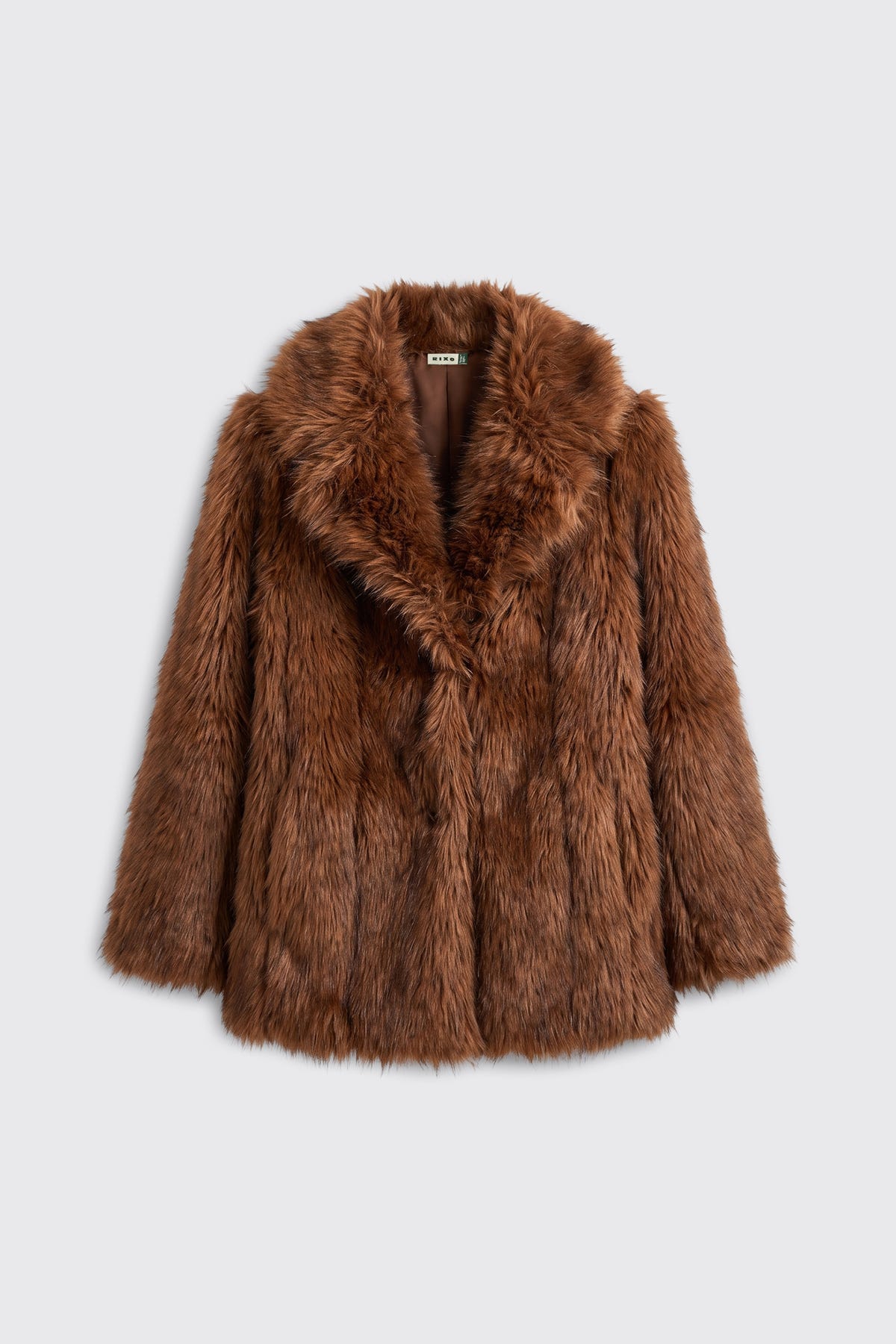 Cybil - Brown faux fur coat with a wide collar and a single button closure.