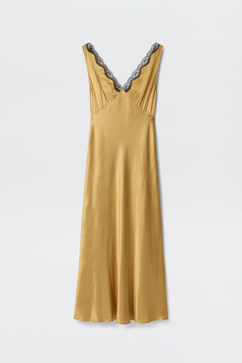 The Sandrine - Gold is a sleeveless satin slip dress in gold, featuring a deep V-neckline with black lace trim, displayed on a plain white background.