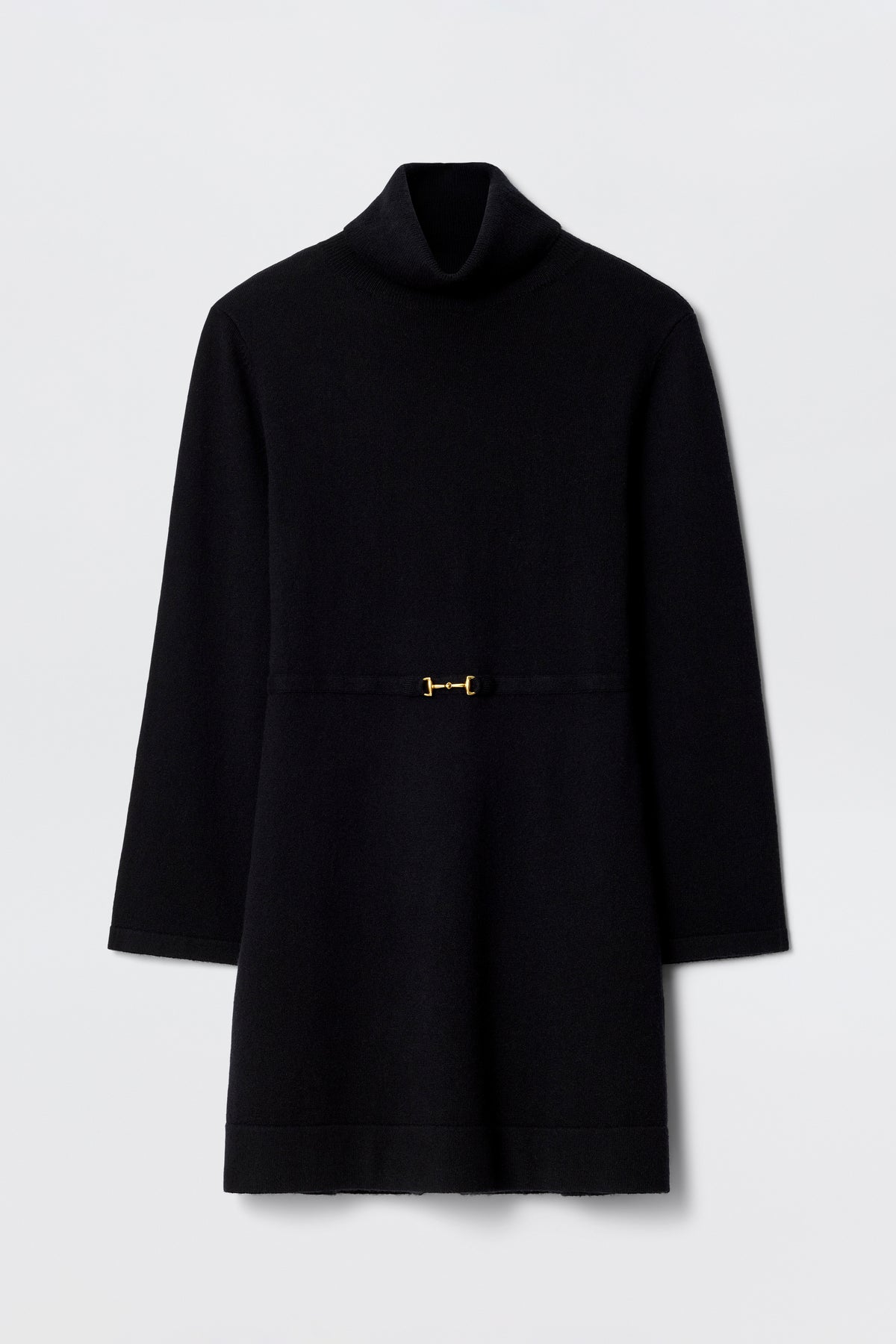 Aly - Black: A cozy wool-cashmere knit turtleneck sweater dress with long sleeves, straight silhouette, and a gold waist buckle—your perfect winter LBD, shown on a plain light background.