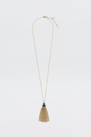 Lizbeth - Gold necklace featuring a black conical charm with a hanging gold fringe tassel.