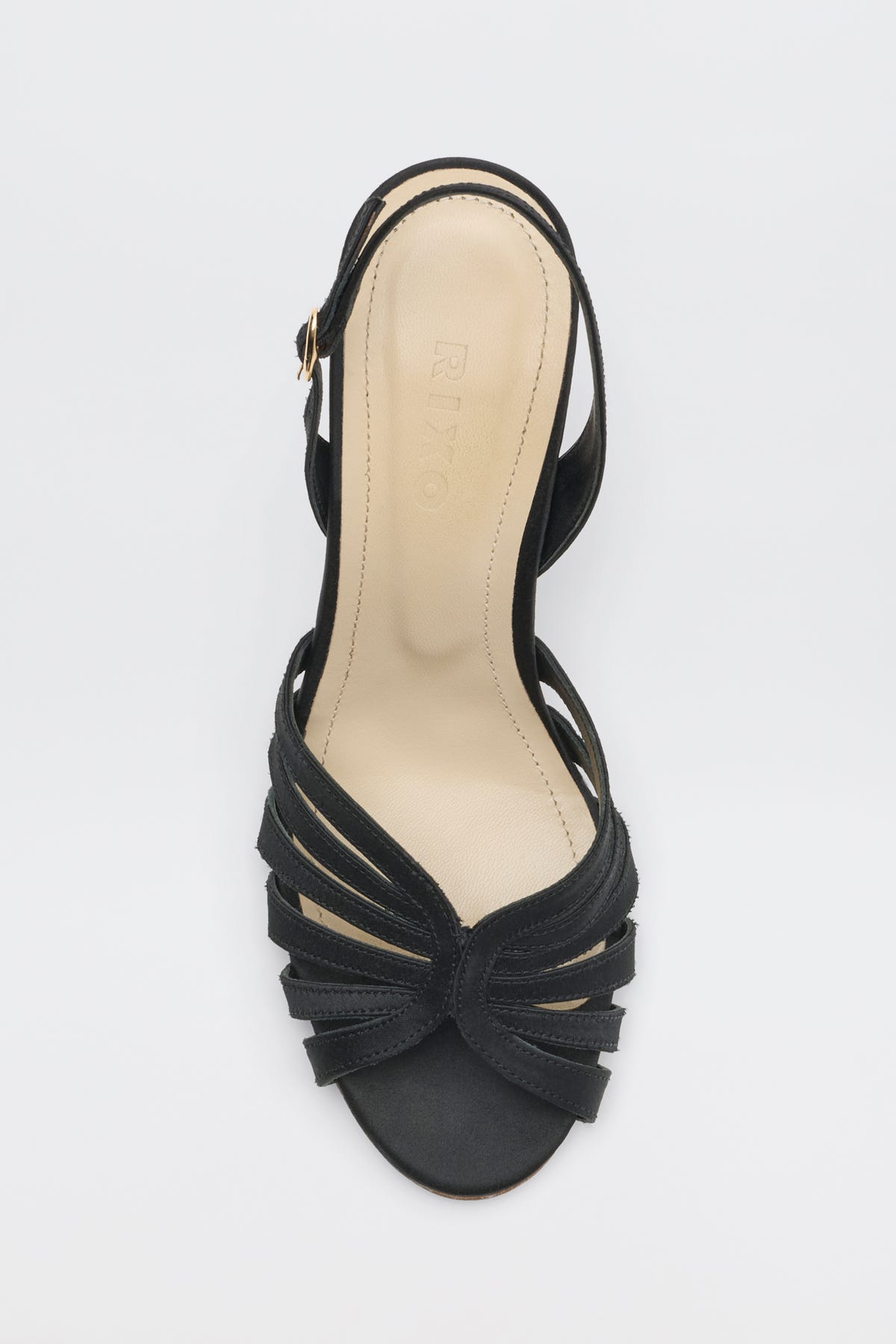 Mavi - Satin Black heeled sandal with a strappy upper and slingback strap.