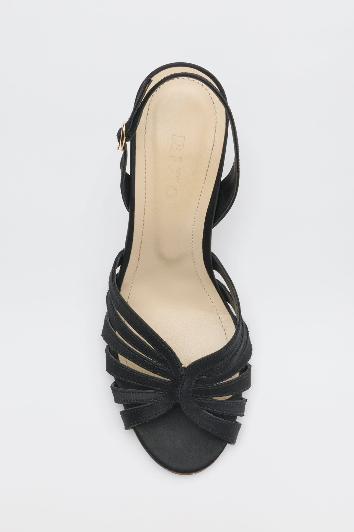 Mavi - Satin Black heeled sandal with a strappy upper and slingback strap.