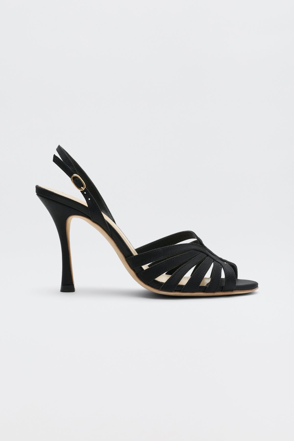 Mavi - Satin Black slingback sandal in black satin with a high heel and a multi-strap open-toe design.