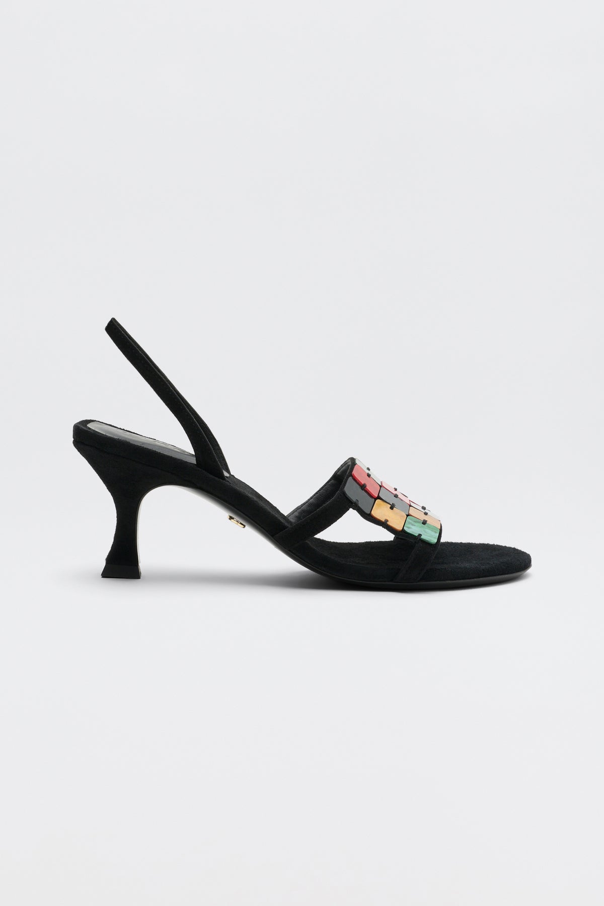 Indie - Multi black slingback kitten-heel sandal featuring a strap decorated with small, colorful square accents.