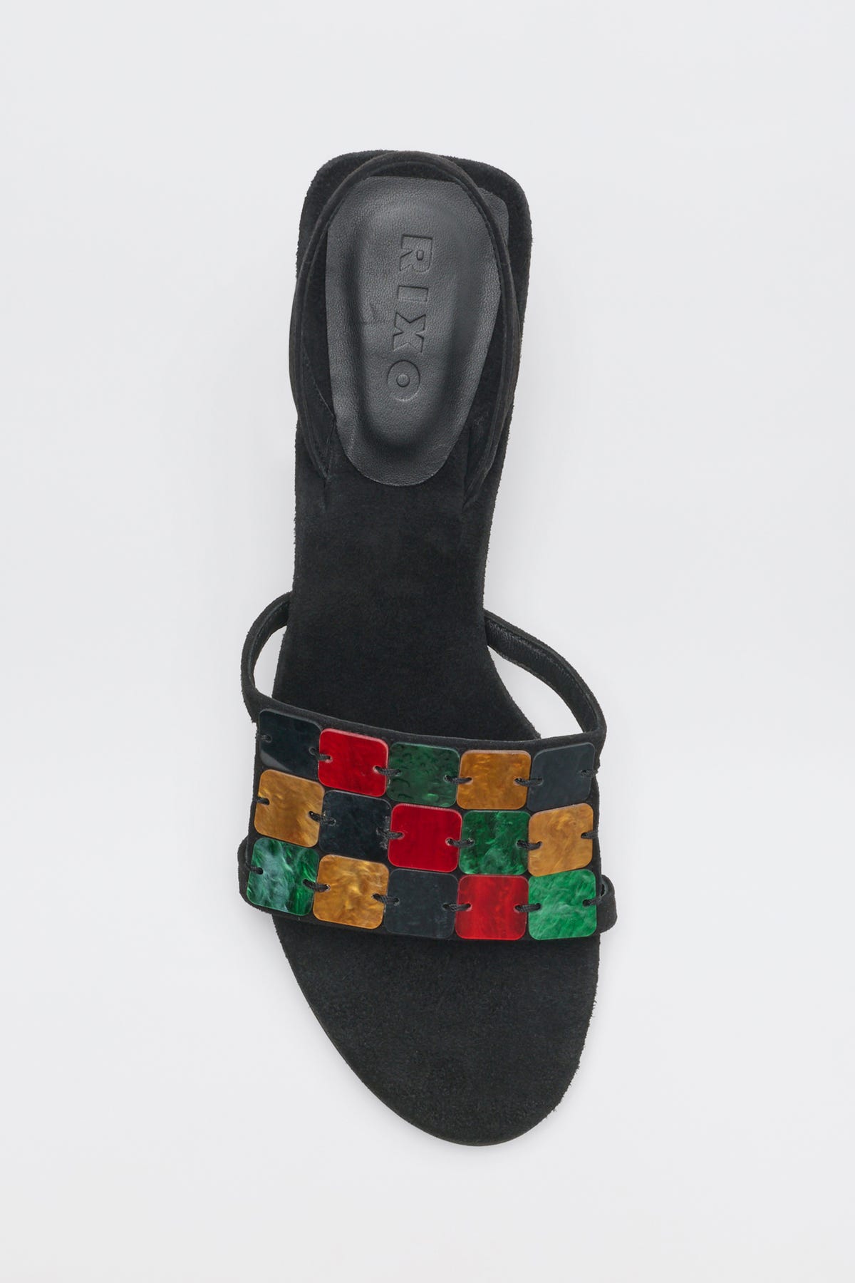 Indie - Multi black sandal with a slingback strap and a band across the toe embellished with a grid of multicolored, square resin tiles.