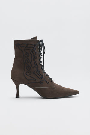 Victoriana - Brown lace-up ankle boot with a kitten heel and decorative black cord embroidery.