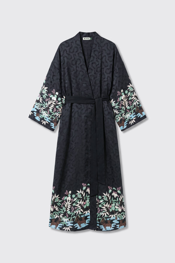 Introducing Kaiden - Blossom Jungle Black: a long black robe featuring a floral and animal pattern along the sleeves and hem, a matching waist tie, and a subtle textured design on the fabric.