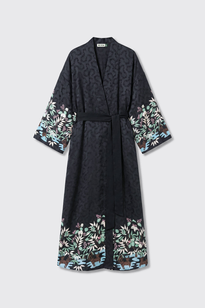 Introducing Kaiden - Blossom Jungle Black: a long black robe featuring a floral and animal pattern along the sleeves and hem, a matching waist tie, and a subtle textured design on the fabric.