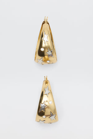 Sergio - Gold hoop earrings featuring cutout star shapes and inset clear stones.