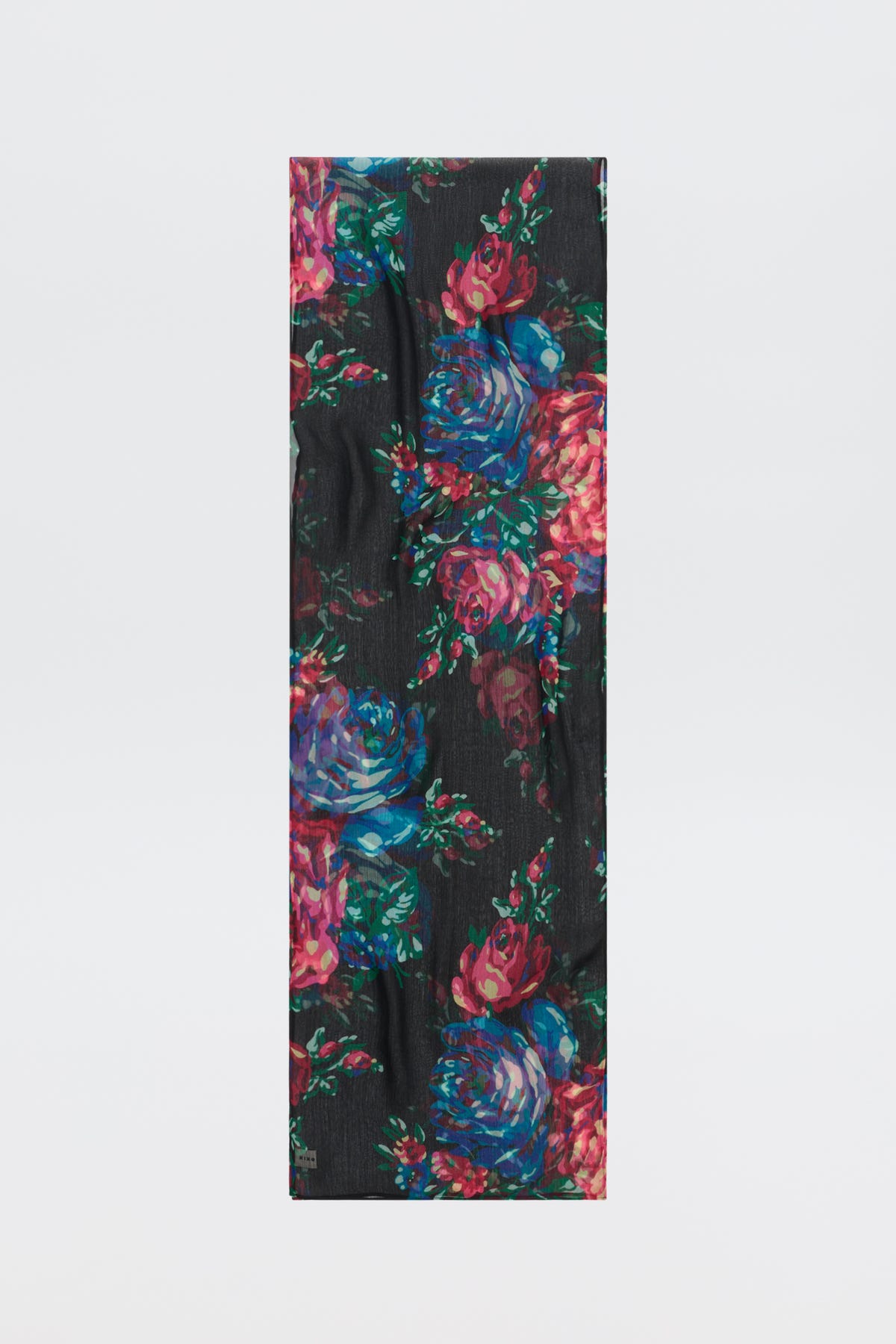 Julien - Vintage Bouquet Black rectangular scarf with a dark floral print featuring red, pink, and blue roses.
