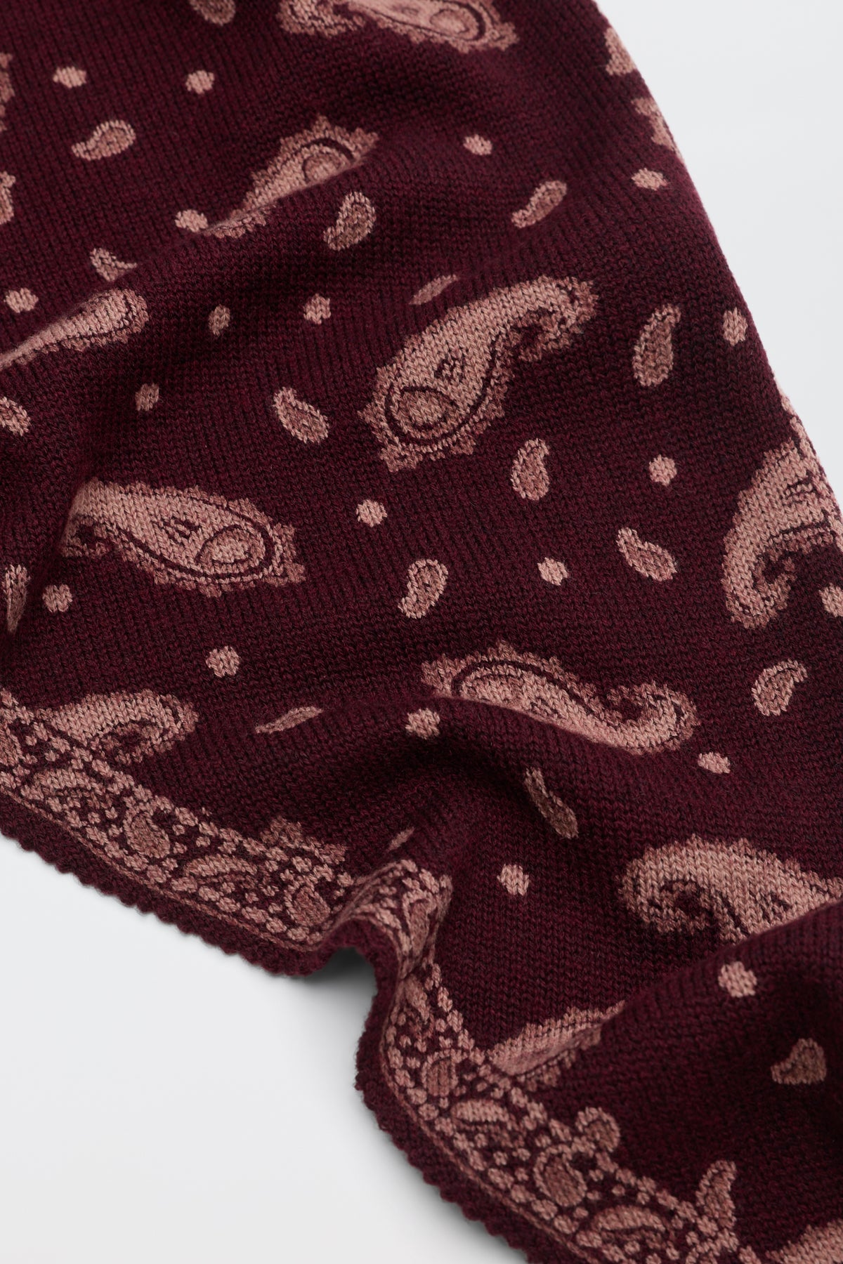 Lianora - Daisy Paisley Knit Oxblood fabric in dark burgundy with a repeating light pink paisley and dot pattern and a decorative border.
