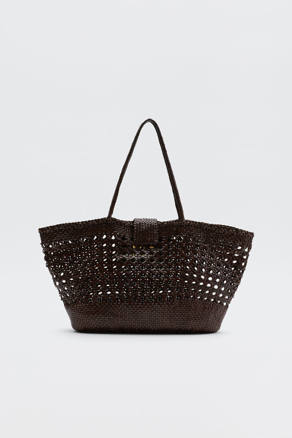 The Lucine - Dark Brown by Dragon Diffusion is a leather woven tote featuring two handles, an open-top design, and a textured, slightly see-through pattern, shown against a plain white background.