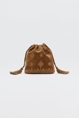 Orla - Waffle Soutache Embroidery Brown drawstring pouch with embroidered floral and knot patterns and tassel-tipped cords.