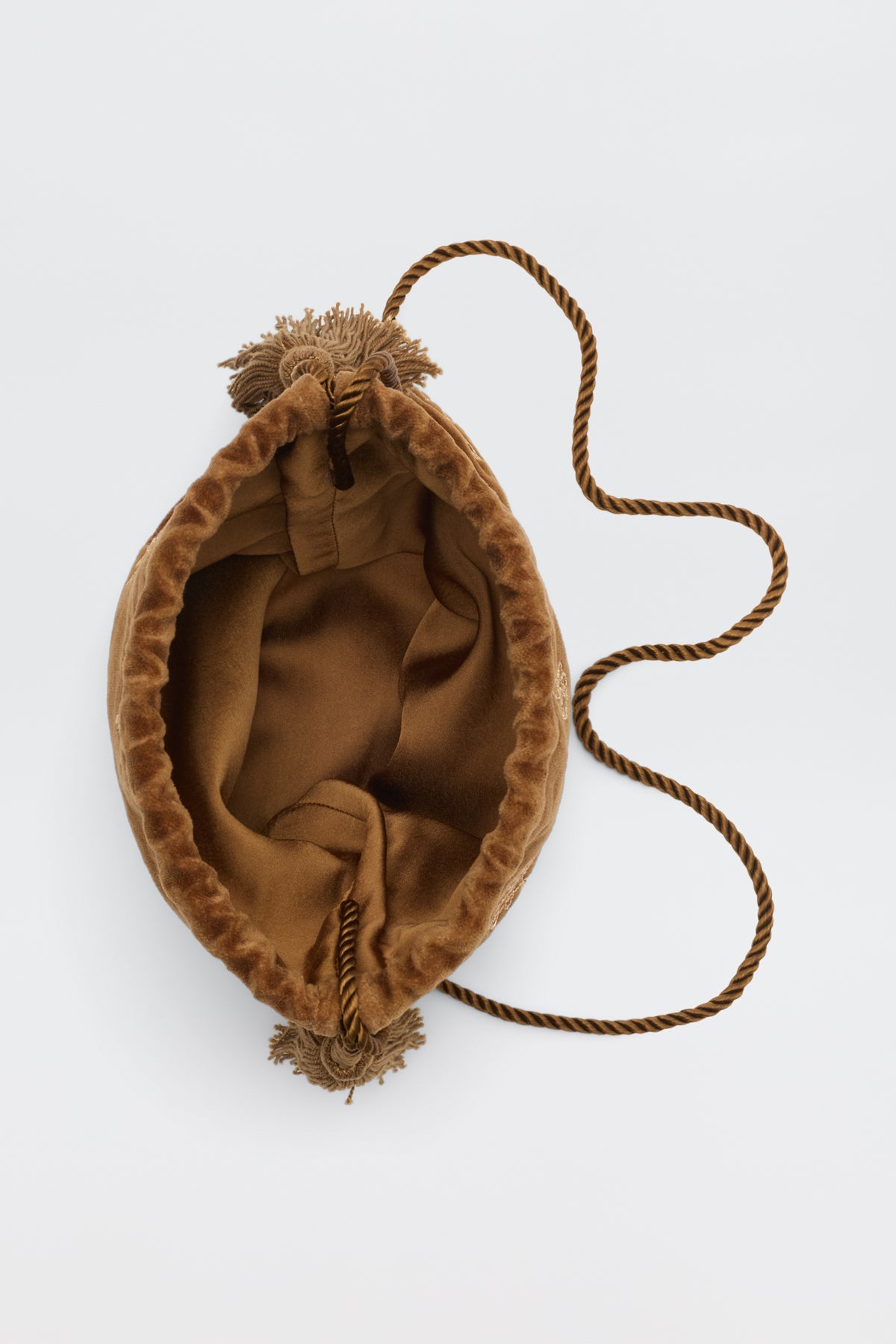 Orla - Waffle Soutache Embroidery Brown drawstring pouch bag with a twisted rope strap and tassel ends.