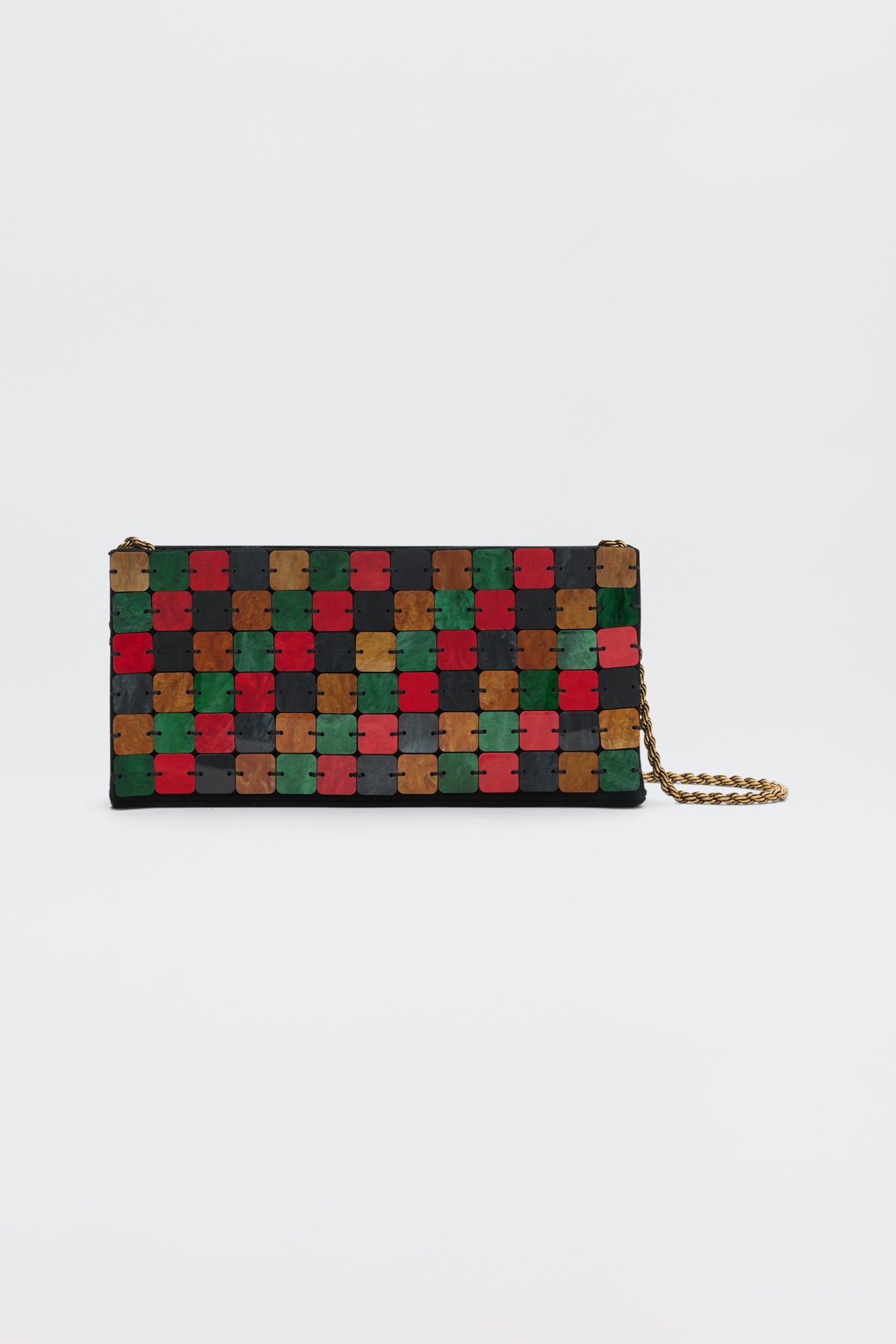 Gracelyn - Multi rectangular clutch bag covered in a grid of multicolored square tiles with a gold chain strap.
