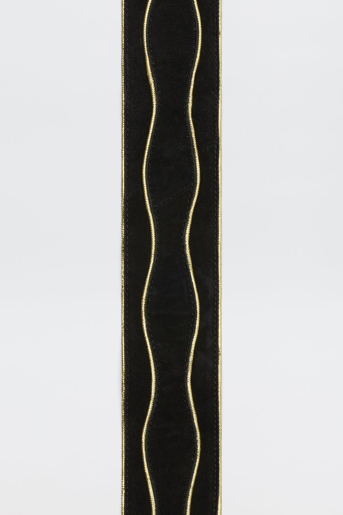 Catalina - Black and Gold: A black velvet ribbon with three parallel wavy gold lines, braided gold trim, and thin gold edges on both sides, displayed on a plain white background.