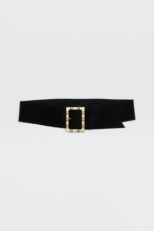 Helga - Black belt with a rectangular gold-toned buckle.