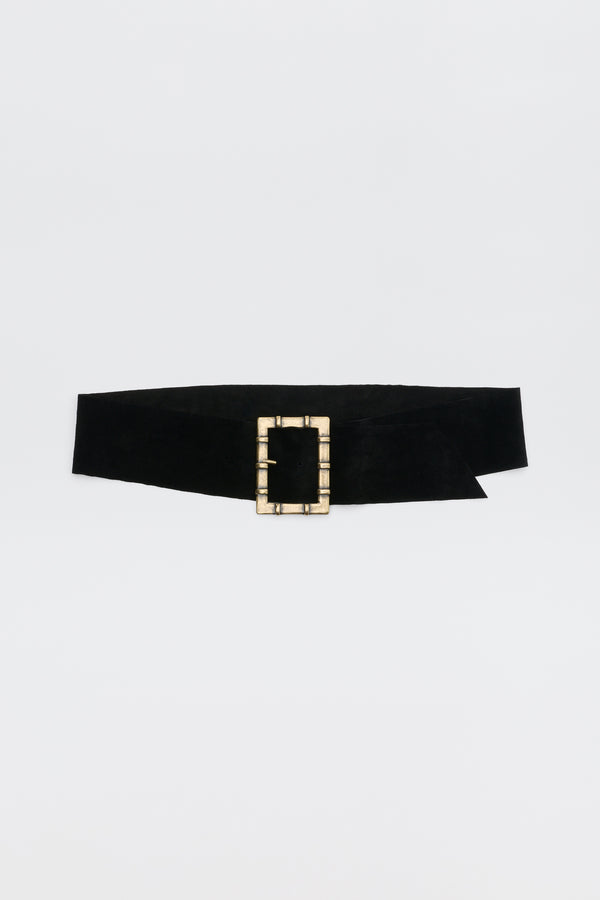 Helga - Black belt with a rectangular gold-toned buckle.