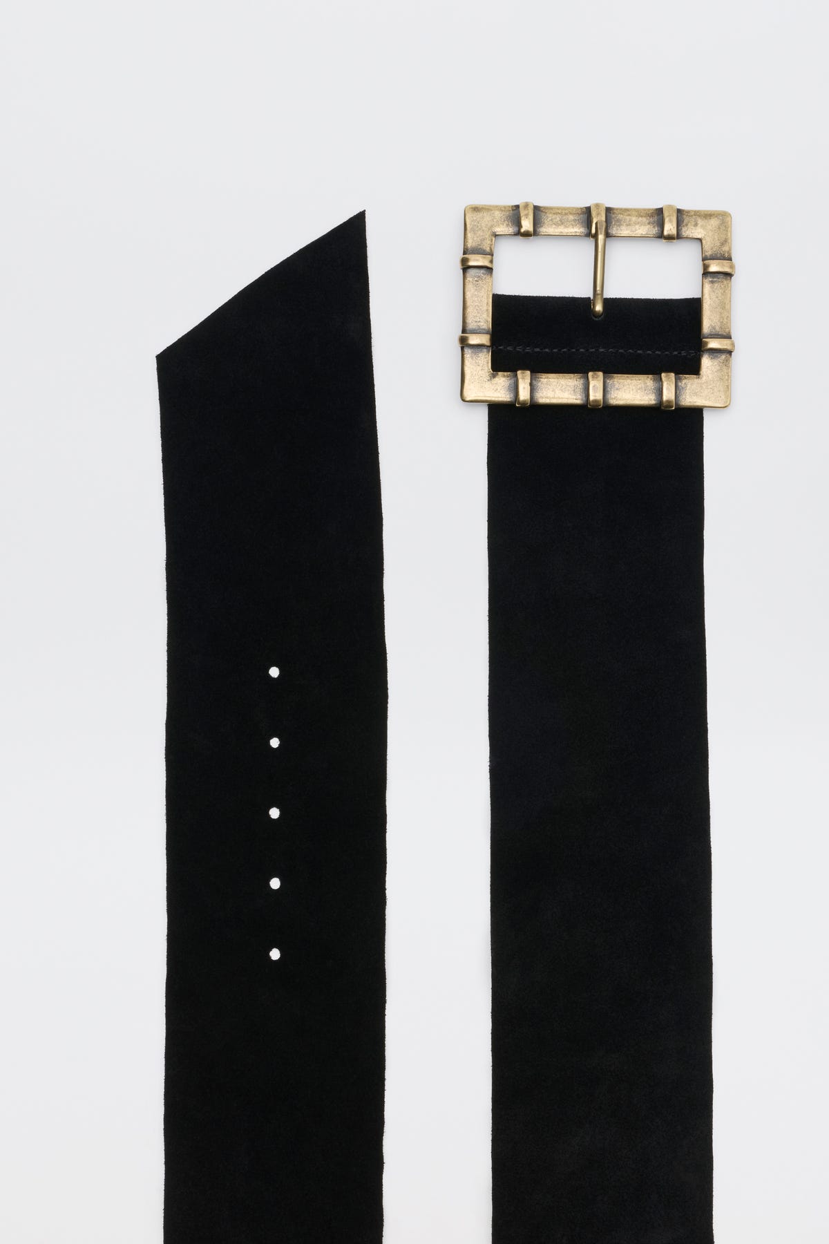 Helga - Black suede belt with a rectangular antique brass buckle and four punched holes.