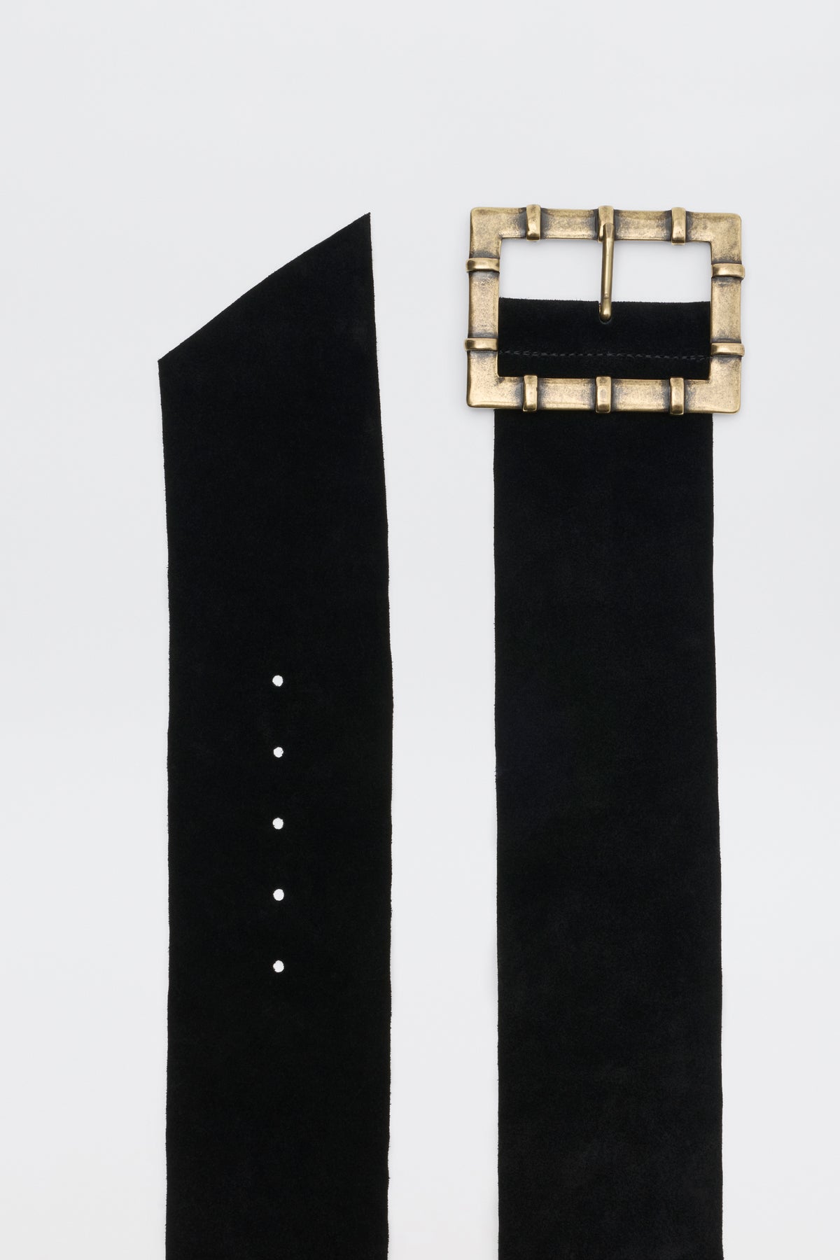 Helga - Black suede belt with a rectangular antique brass buckle and four punched holes.