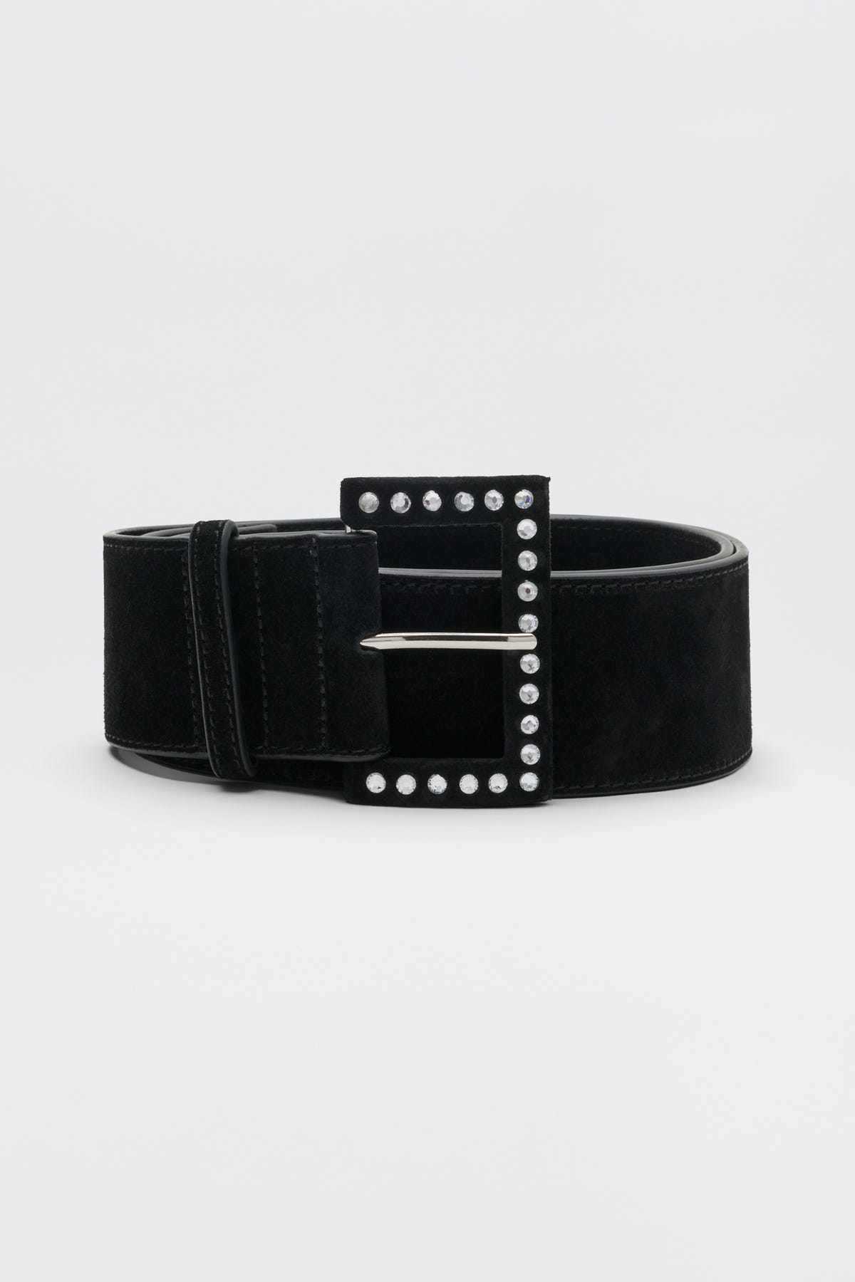 Eileen - Black: A wide black suede belt featuring a rectangular buckle accented with a single row of small silver studs, displayed on a plain white background.