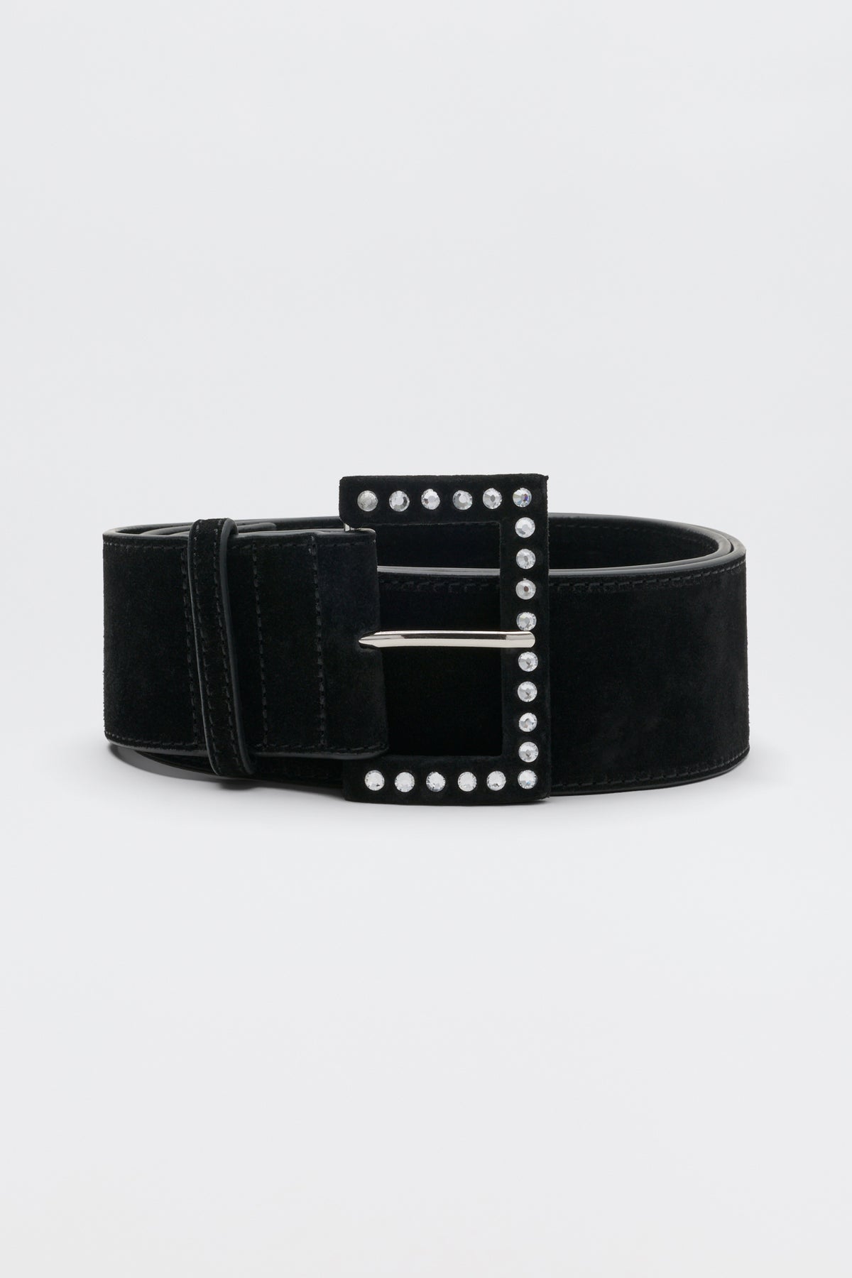 Eileen - Black: A wide black suede belt featuring a rectangular buckle accented with a single row of small silver studs, displayed on a plain white background.