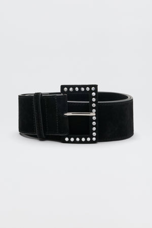 Eileen - Black: A wide black suede belt featuring a rectangular buckle accented with a single row of small silver studs, displayed on a plain white background.