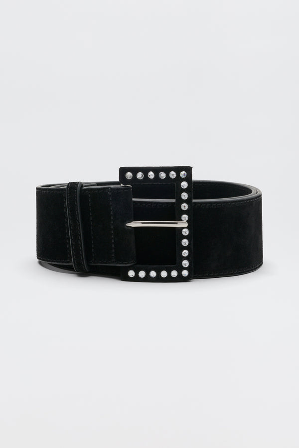 Eileen - Black: A wide black suede belt featuring a rectangular buckle accented with a single row of small silver studs, displayed on a plain white background.