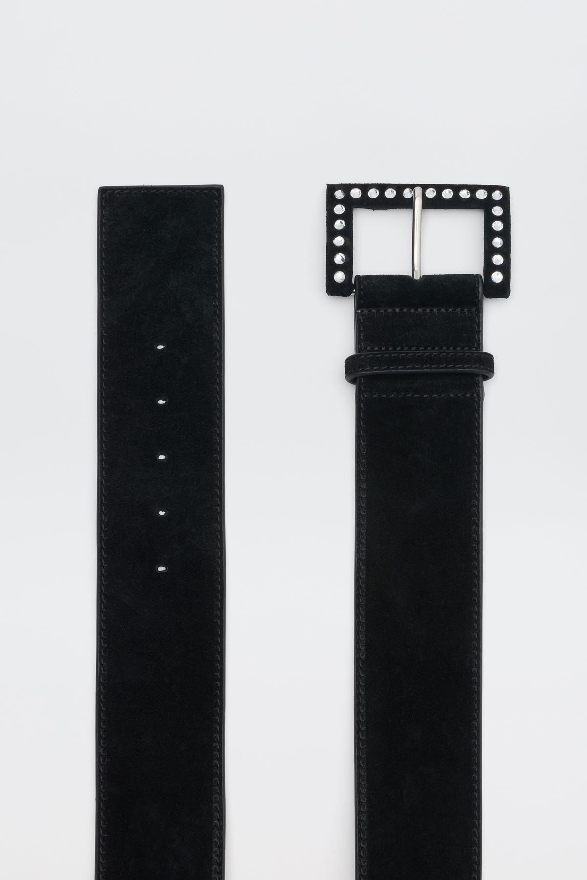 Eileen - Black suede belt featuring a rectangular silver buckle decorated with small round studs, displayed from the front and back on a plain white background.
