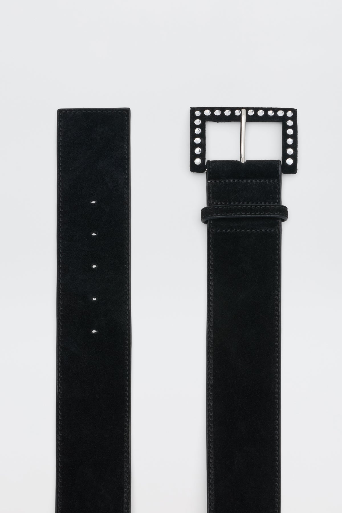 Eileen - Black suede belt featuring a rectangular silver buckle decorated with small round studs, displayed from the front and back on a plain white background.