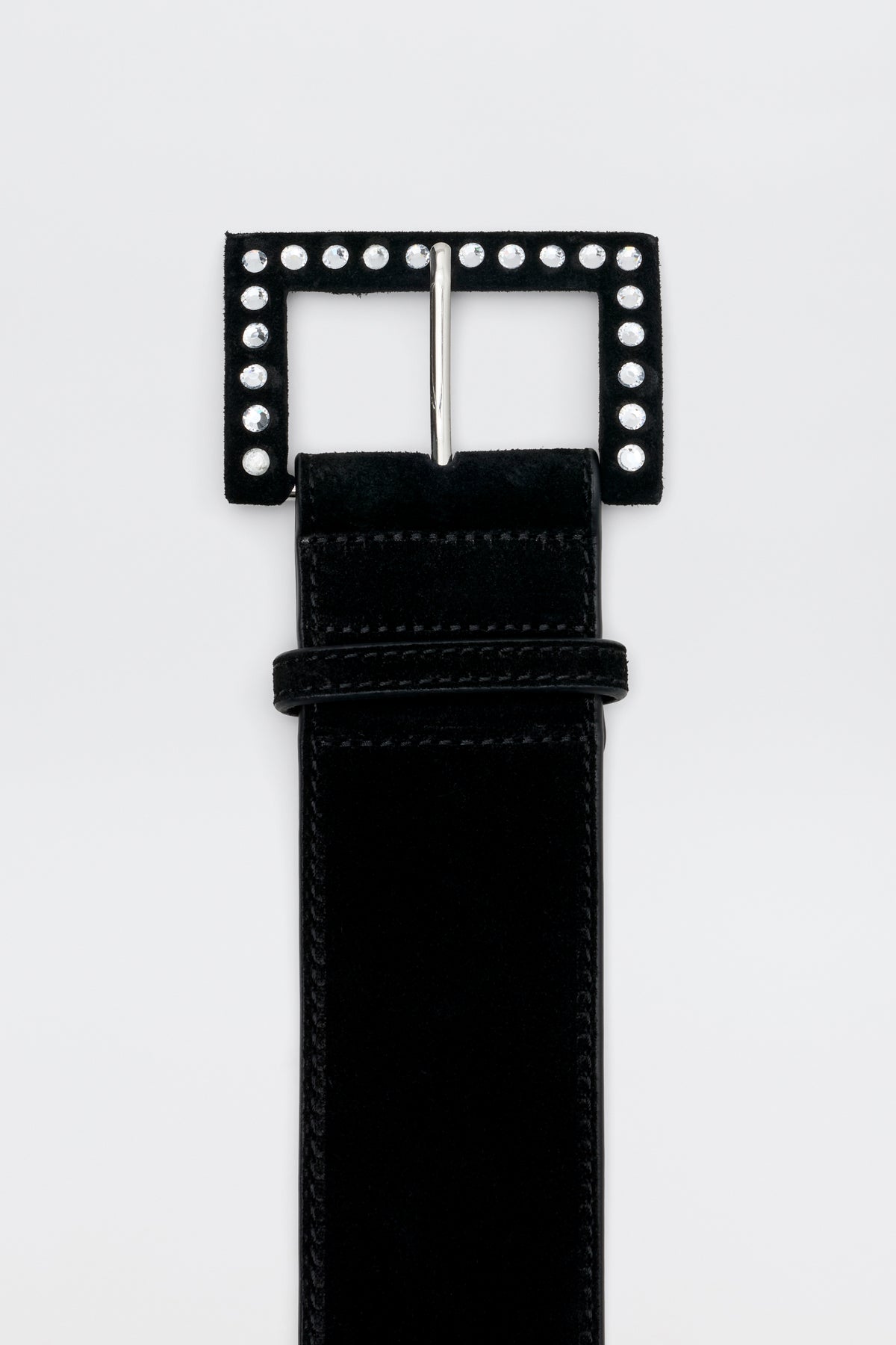 Eileen - Black: A black belt featuring a rectangular buckle and adorned with two rows of small, round silver studs, shown on a plain white background.