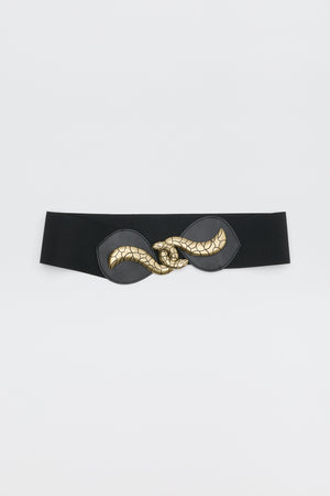 Milena - Black elastic waist belt featuring a gold snake-shaped metal clasp.