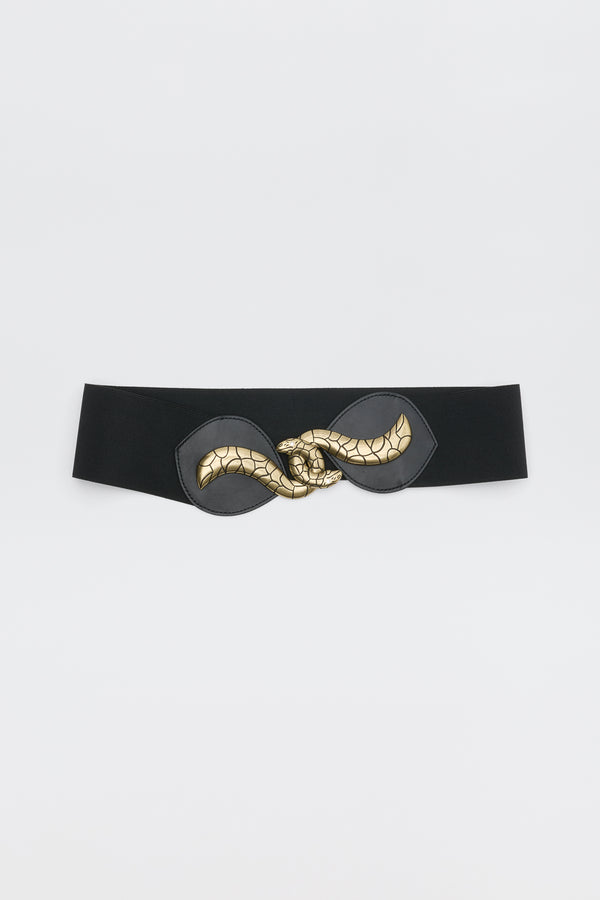 Milena - Black elastic waist belt featuring a gold snake-shaped metal clasp.