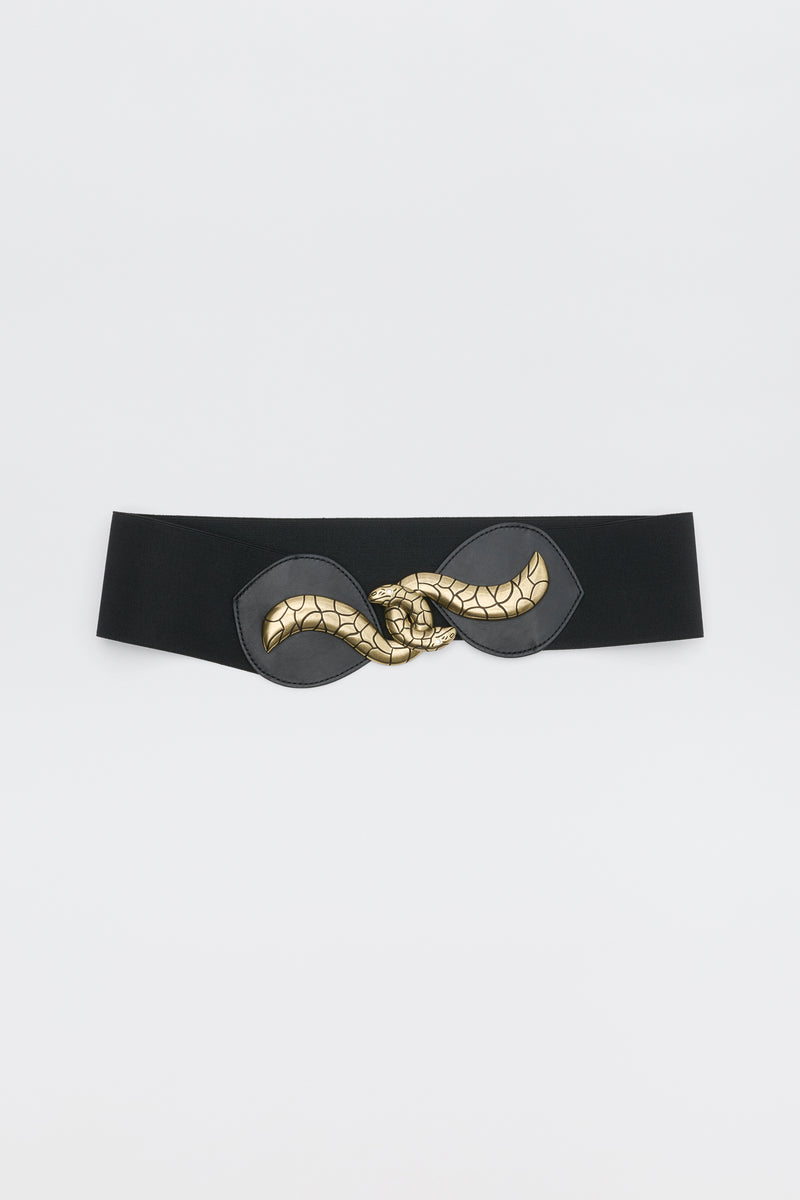 Milena - Black elastic waist belt featuring a gold snake-shaped metal clasp.
