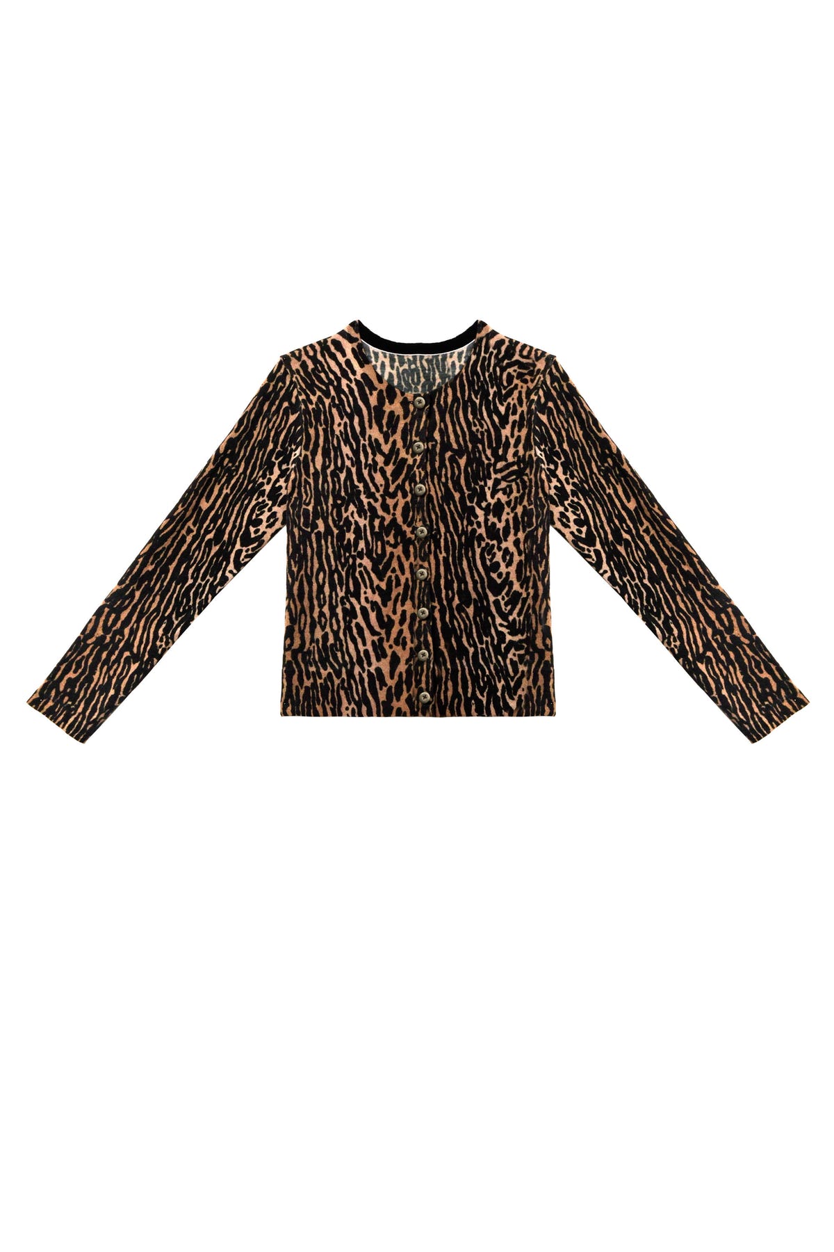 Peony - Bohemia Leopard Brown: A long-sleeved, button-up knitted cardigan featuring a brown and black leopard print, front pockets, and a round neckline, displayed on a white background.