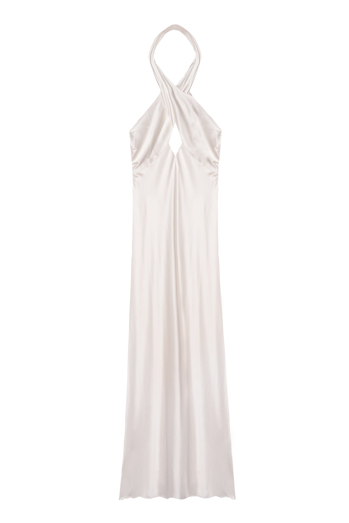 The Dune - Satin Gown is a sleeveless, long white bridal dress with a crisscross halter neckline and small chest keyhole, offering an elegant and modern look.