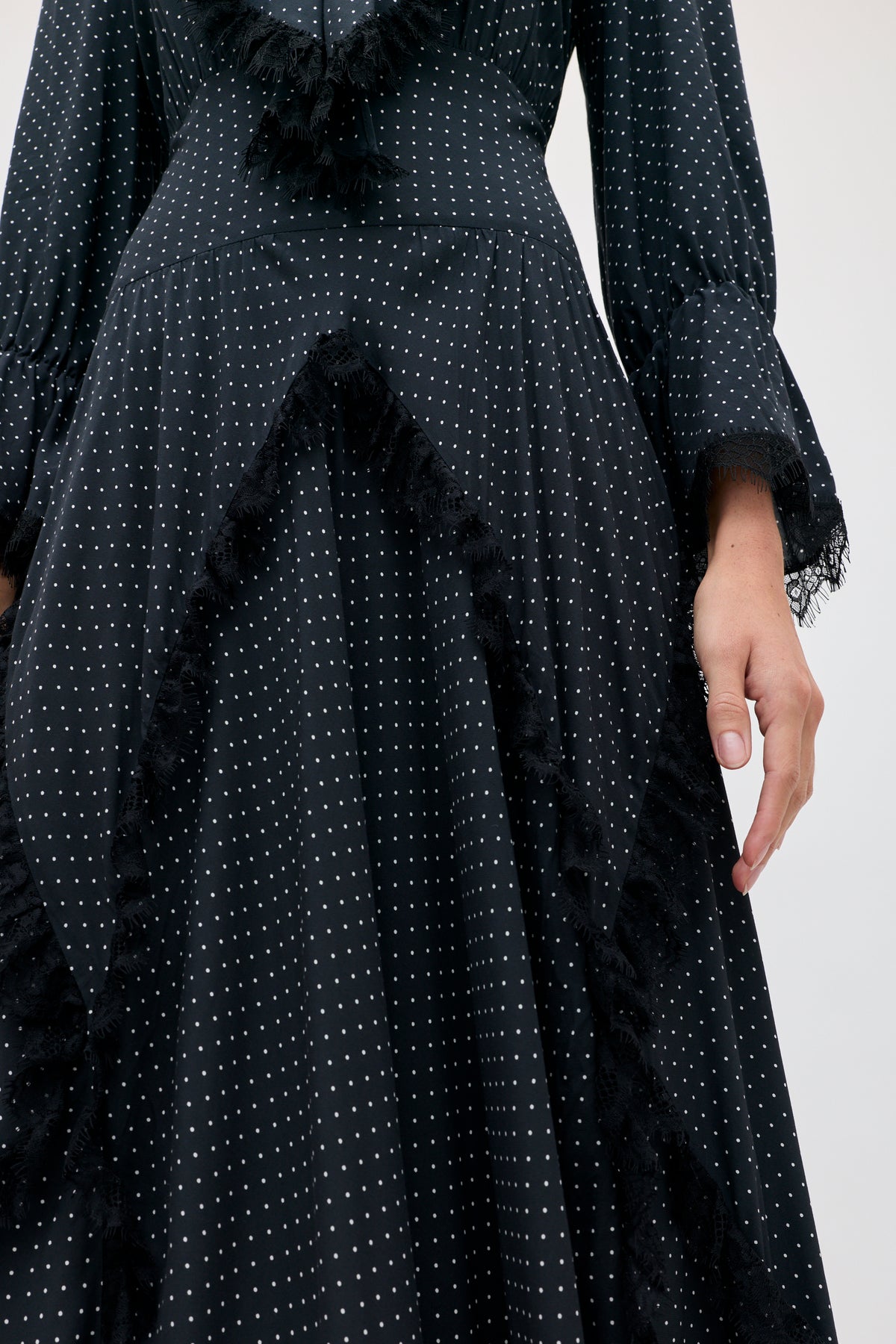 Aerin - Micro Polka Dot Black long-sleeved dress featuring a white micro-polka dot pattern, ruffled trim, and lace details at the neckline, cuffs, and skirt.