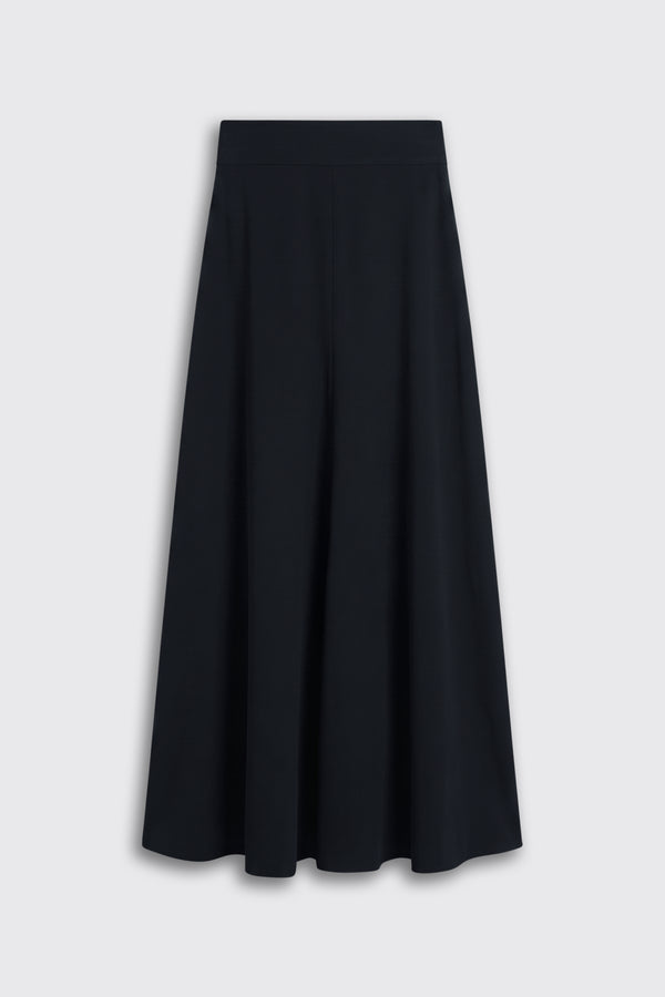 Aide - Black solid A-line midi skirt with a high waistband.