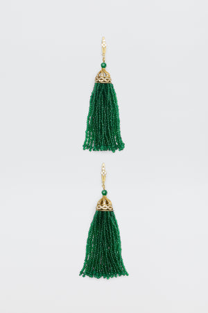 Alea - Green earrings featuring gold caps with clear stones and long, green beaded tassels.