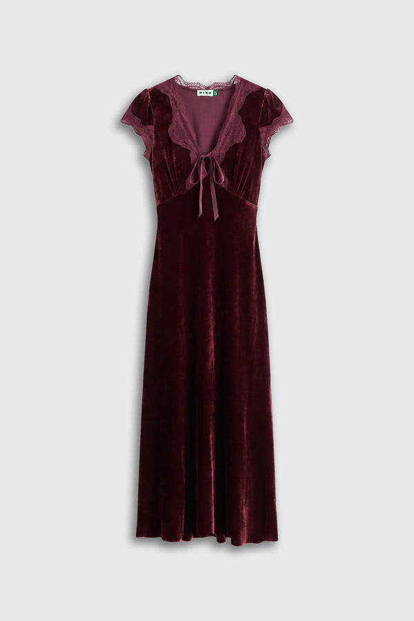 Amari - Bordeaux dark red velvet midi dress featuring short cap sleeves, a V-neckline, and lace trim detail.