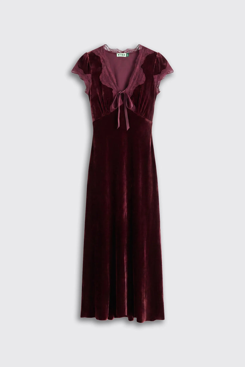 Amari - Bordeaux dark red velvet midi dress featuring short cap sleeves, a V-neckline, and lace trim detail.