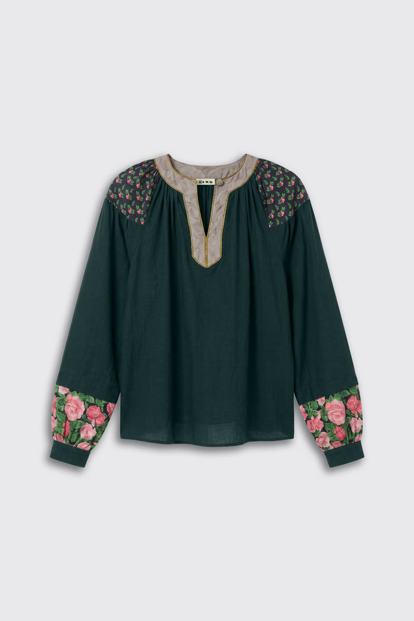 Bria - Rose Mix Pink long-sleeved dark green tunic with a split neckline, featuring floral print accents on the shoulders and cuffs.