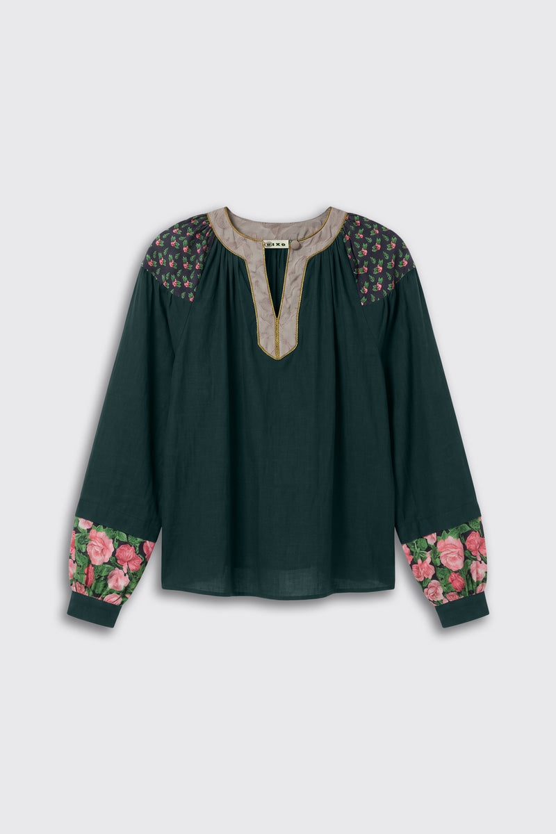 Bria - Rose Mix Pink long-sleeved dark green tunic with a split neckline, featuring floral print accents on the shoulders and cuffs.
