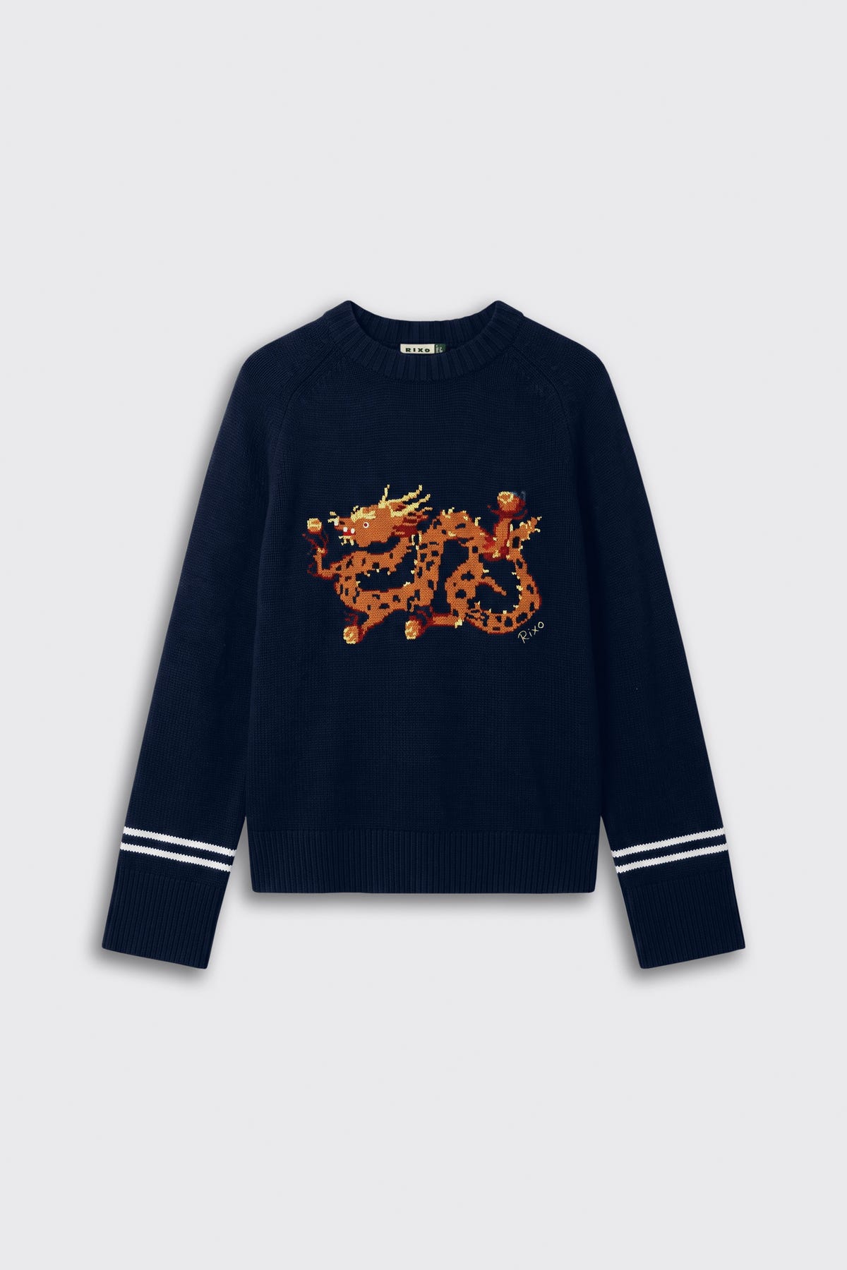 Emerson - Dragon Blaze Navy crewneck sweater in navy blue, featuring a pixelated dragon graphic on the chest and two white stripes on each cuff.