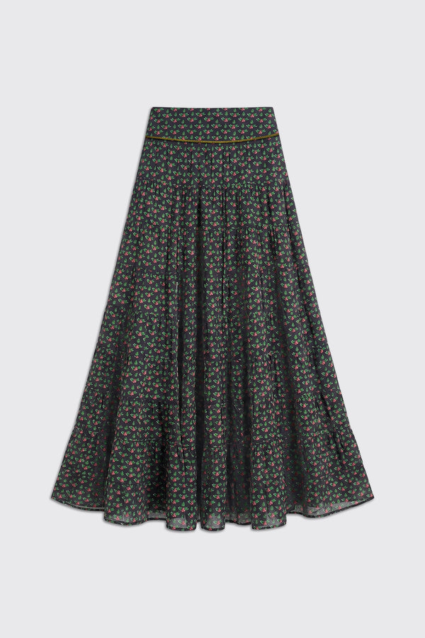 The Joey - Mini Rose Pink is a floor-length, tiered A-line skirt with a dark floral print featuring small pink roses and green leaves.