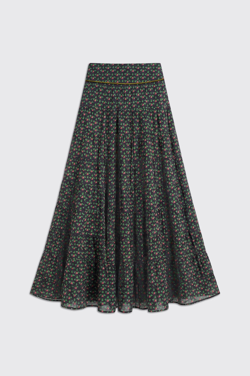 The Joey - Mini Rose Pink is a floor-length, tiered A-line skirt with a dark floral print featuring small pink roses and green leaves.