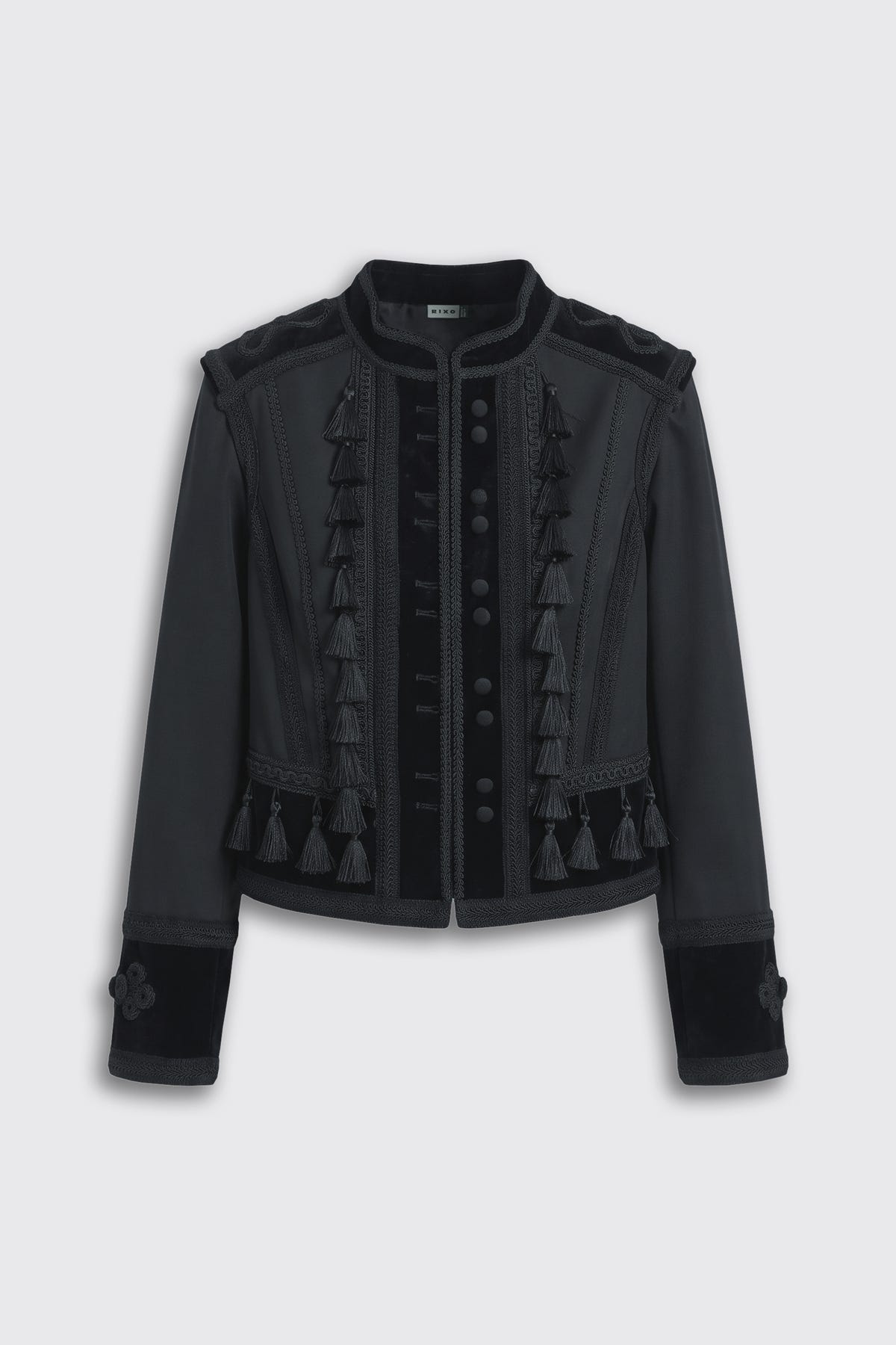 Napoleana - Black military-style jacket with decorative tassels and a button-front closure.